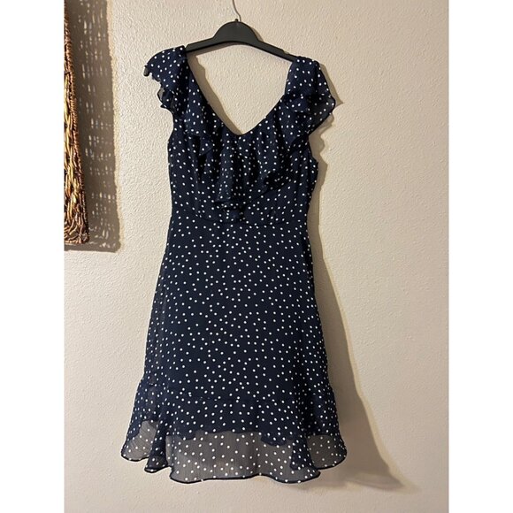 DKNY Dress Navy Blue Ivory 10 Polka Dot Flutter Sleeve A Line Flowy Summer - Picture 7 of 9